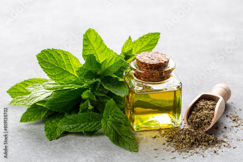 Bilde på lerret Bottle of mint essential oil and mint green leaves