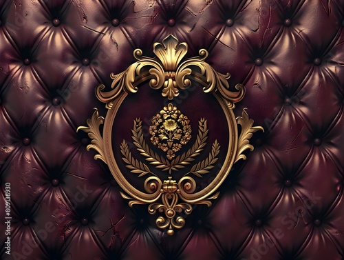 Deep burgundy backdrop with a gold crest conveying old world luxury and nobility