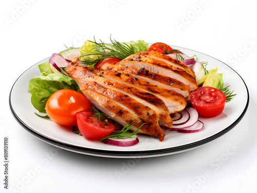 Close up of a grilled chicken breast with fresh vegetables on white background 