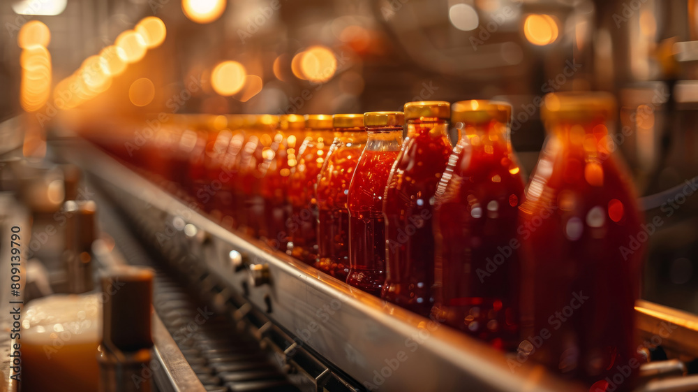 Bottling ketchup in a factory production line