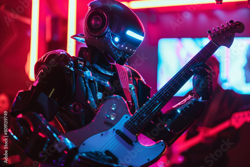 A robot is playing a guitar in a dark room