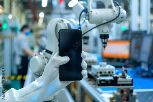 A person wearing white gloves is holding a cell phone in front of a robotic arm