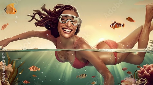 Freediving Woman Embracing Pure Joy and Liberation in Ocean Adventure © Maquette Pro