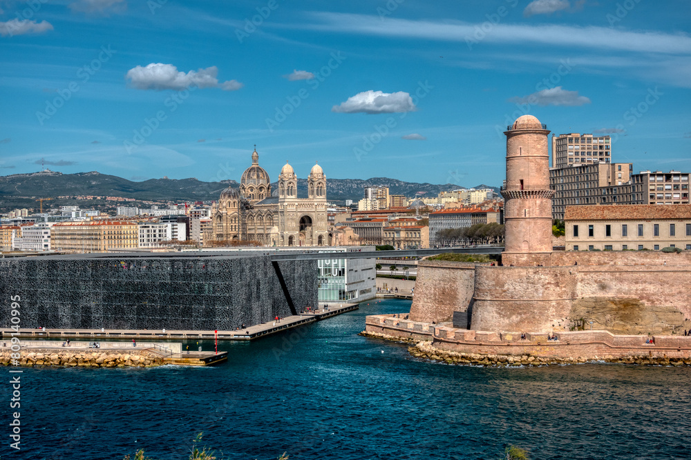 Fort Saint Jean seen from the Pharo Gardens, in Marseille, France.