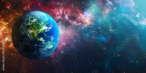 Graphic depiction of the Earth globe in a vibrant display. Starry outer space.