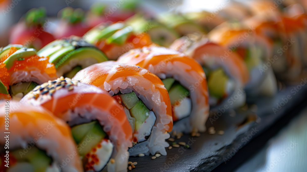 Fototapeta premium Row of various sushi rolls on a plate