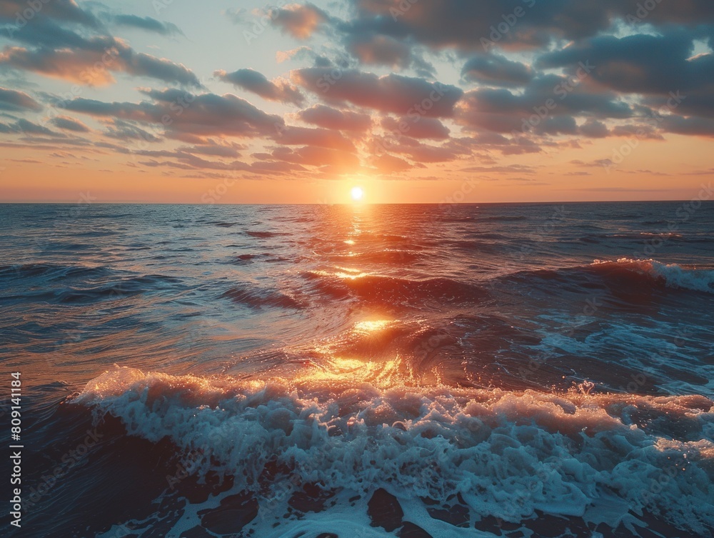 The sun sets over the waves of the ocean