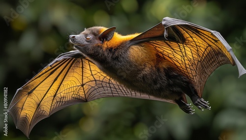 Bat Flying Through the Air With Wings Spread photo