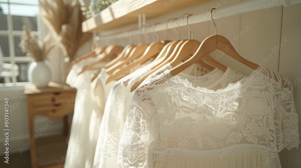 Dresses hanging in a wardrobe.