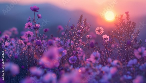 Field of Purple Flowers With Sun Background