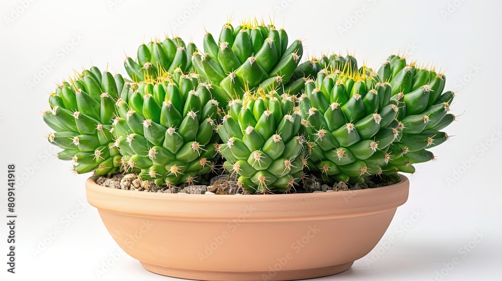 A beautiful green cactus with yellow spines, planted in a clay pot. The cactus is photographed in a studio on a white background.