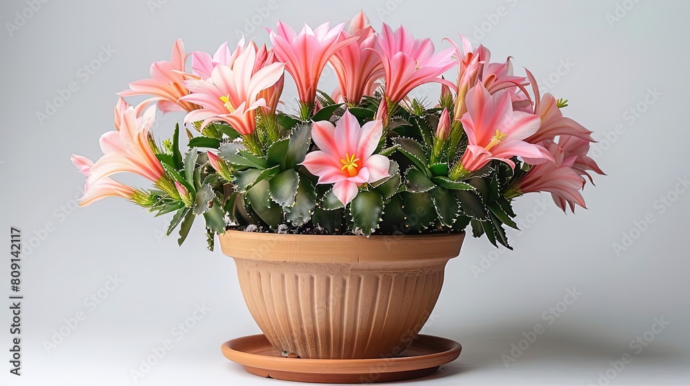 A beautiful pink flower in a brown flower pot. The flower has many petals and a yellow center. The flower pot is sitting on a white table. The background is a light gray. A beautiful pink flower in a brown flower pot. The flower has many petals and a yellow center. The flower pot is sitting on a white table. The background is a light gray.
