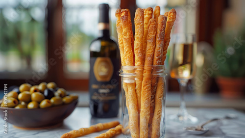 Breadsticks with wine and olives on a table photo