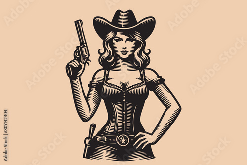 Beautiful young cowgirl woman with a gun. Vintage engraving vector illustration, isolated object