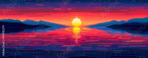 Pixel art sunset over a lake with mountains