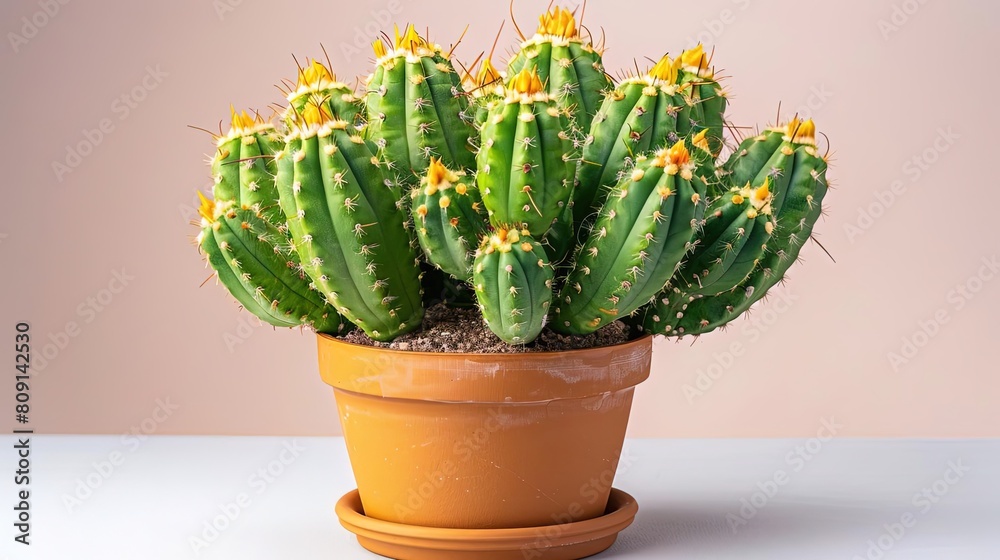 A beautiful cactus in a pot with a pink background. The cactus is green and has many spines. The cactus is in focus and the background is blurred. A beautiful cactus in a pot with a pink background. The cactus is green and has many spines. The cactus is in focus and the background is blurred.