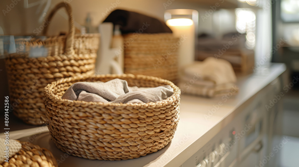 Wicker baskets on a shelf in a laundry room.