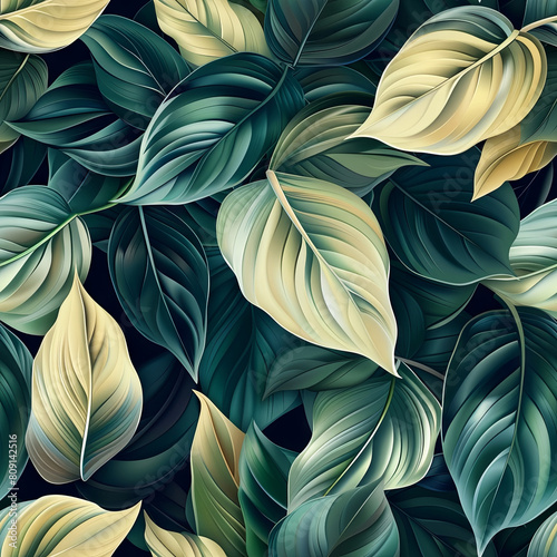 Lush Green Leaves Adorned with Intricate Gold Veins and Outlines on a Dark Background