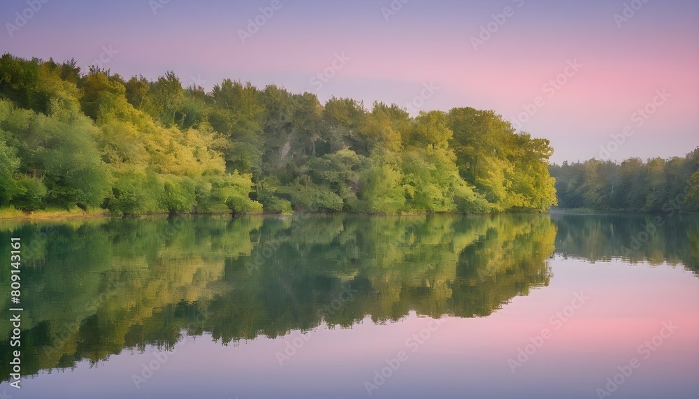 A tranquil lake surrounded by trees in shades of g upscaled 10