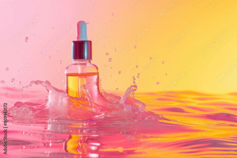 The bottle of moisturizing serum stands in the water waves on the pink-yellow background. The bottle of moisturizing serum stands in the water waves on the pink-yellow background.
