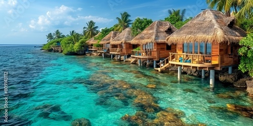 Luxury resort bungalows on the tropical coast with straw roofs, overlooking turquoise waters.
