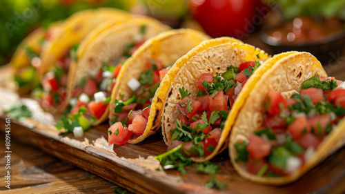 Five tacos on a wooden surface