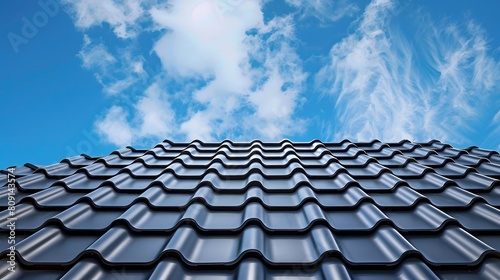 black roof tiles and blue sky  close up.