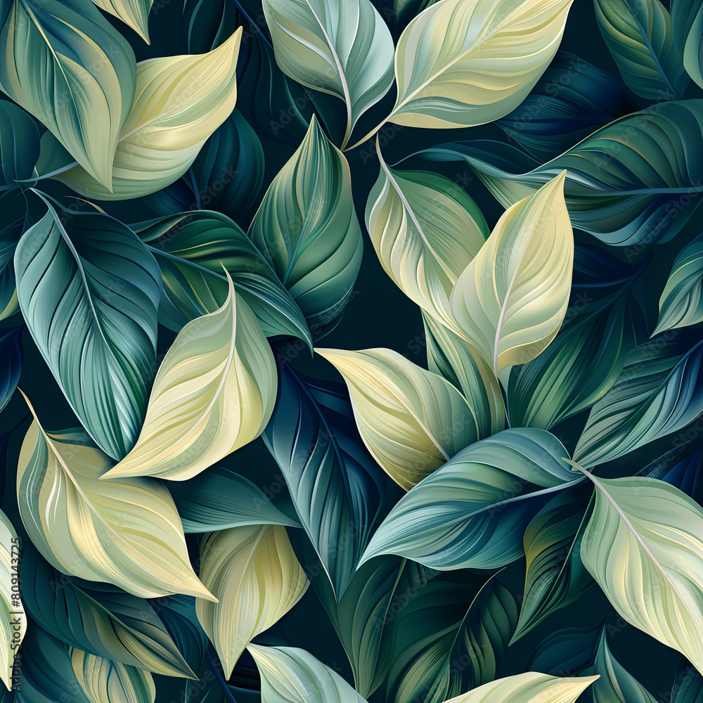 Stylish Green Leaves with Gold Veins Against a Dark Background Stylish Green Leaves with Gold Veins Against a Dark Background