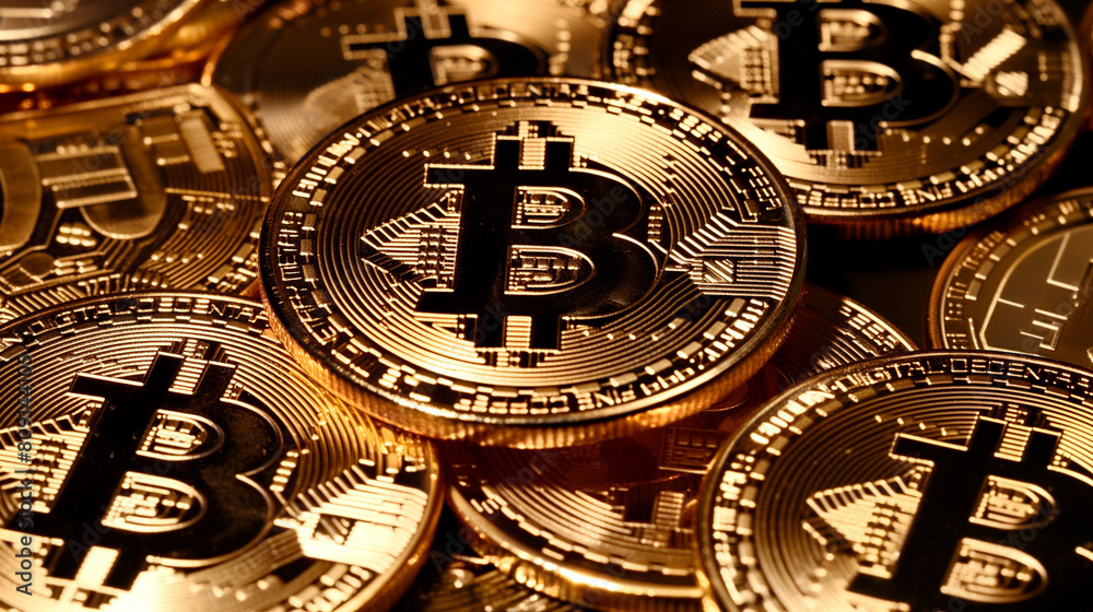 Cryptocurrency Bitcoin coins and banknotes