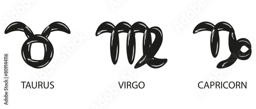 3D vector Air Balloons Zodiac Signs isolated transparent background. Set Zodiac Signs in trendy Chrome black Metallic Bubbles style. Taurus Virgo Capricorn. Astrology elements of earth