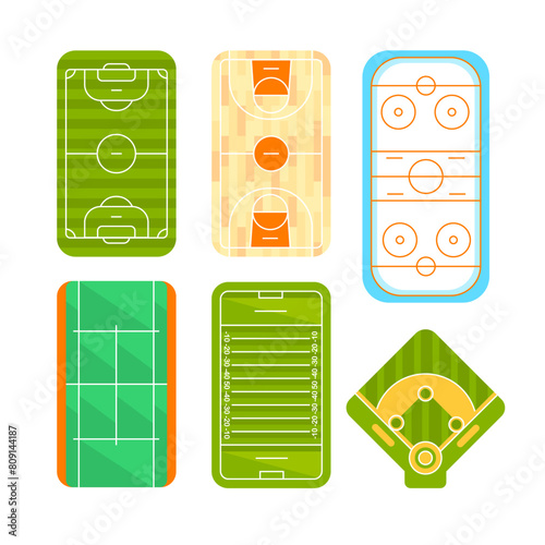 Sport ground. Fields for sport games. Basketball, volleyball, soccer and ice hockey, tennis and baseball