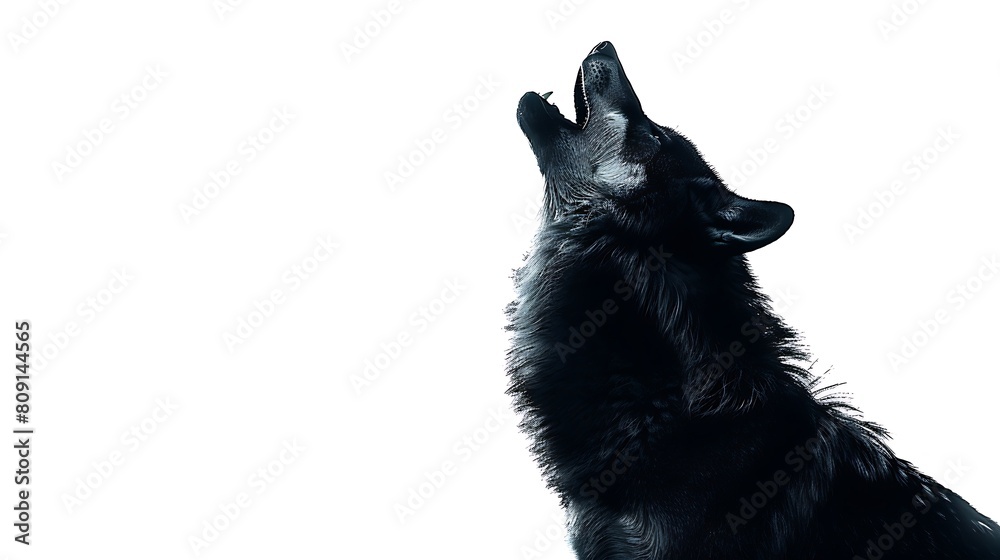 A solitary wolf howling under the moonlight, its silhouette striking against the white background