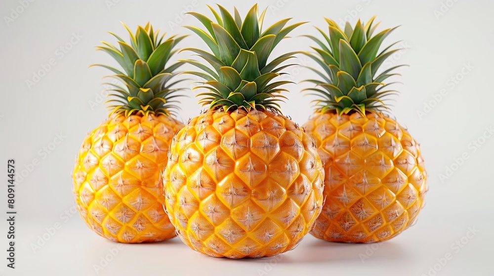 Photo of three pineapples on a white background. The pineapples are ripe and have green leaves. Photo of three pineapples on a white background. The pineapples are ripe and have green leaves.