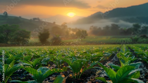 Vibrant Sunrise Over Sustainable Organic Farm With Freshly Grown Crops Amid Misty Landscape