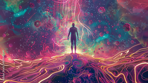 A human figure stands atop the universe, surrounded by colorful waves and energy
