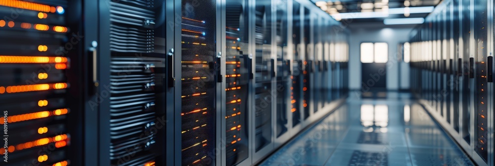 Multiple rows of servers neatly aligned in a data center Multiple rows of servers neatly aligned in a data center