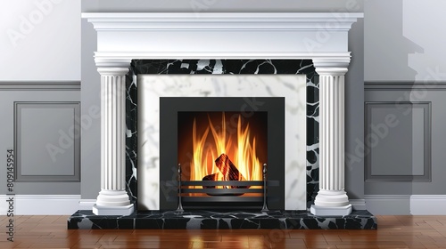 An elegant fireplace with a roaring fire  marble trim and classic architectural details - a warm  cozy scene