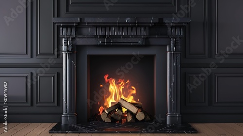 An elegant fireplace with a roaring fire  marble trim and classic architectural details - a warm  cozy scene