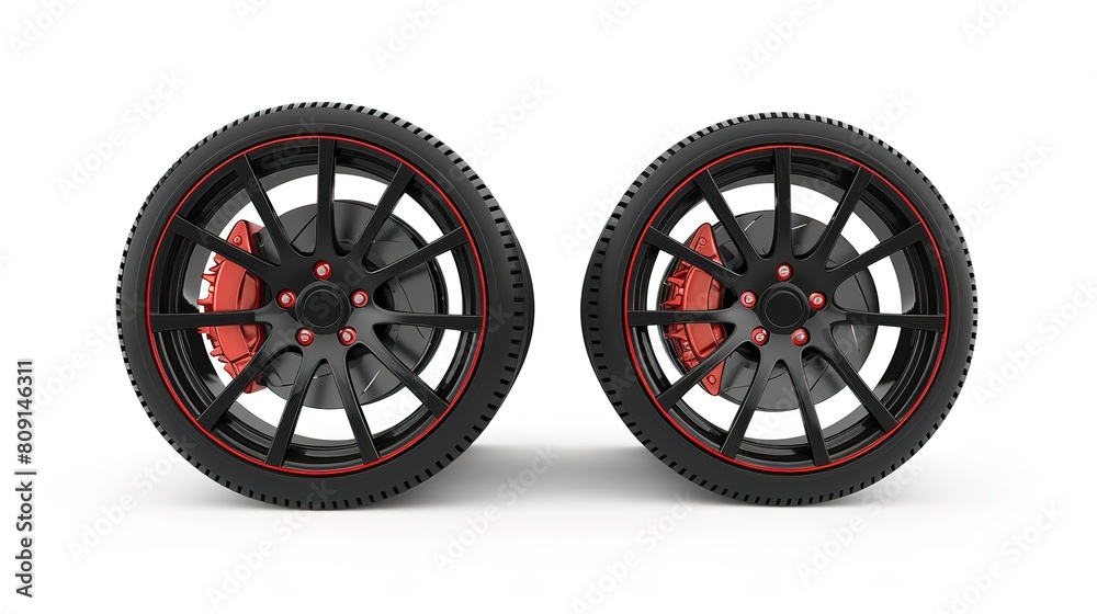 High performance car wheels with detail view of black alloy wheels and red brake calipers isolated on white background