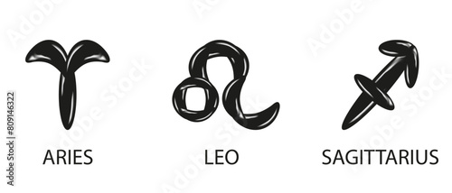 3D vector Air Balloons Zodiac Signs isolated white background. Set Zodiac Signs in trendy Chrome Metal Bubbles style. Aries Leo Sagittarius on white. Astrology elements of fire.