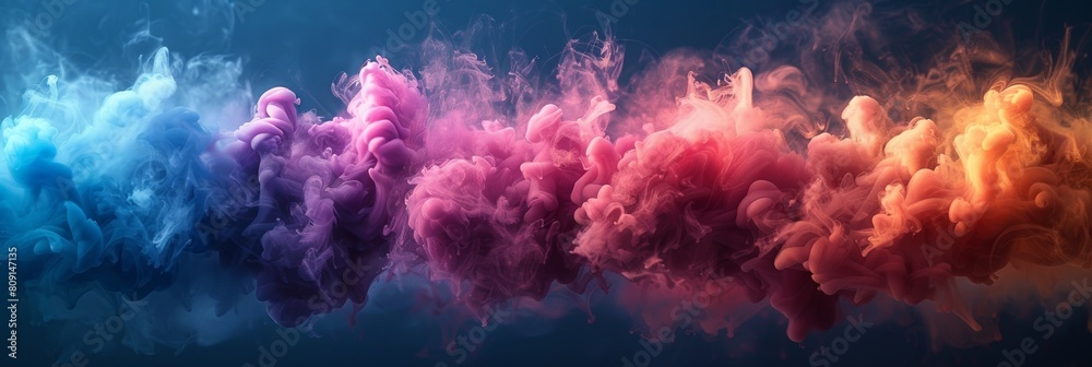 A vibrant smoke abstraction in motion against a dark background creates a colorful explosion