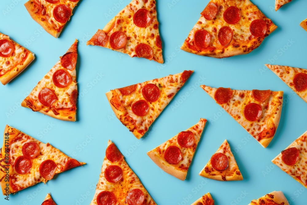 Mouthwatering Pizza Wedges on Bold Blue Mouthwatering Pizza Wedges on Bold Blue