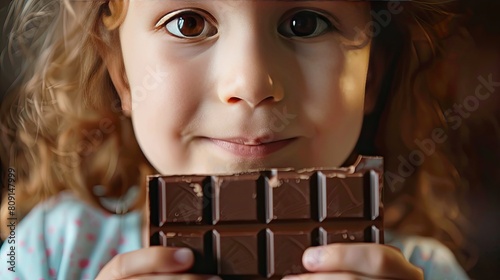 A child eats a chocolate bar. Selective focus.