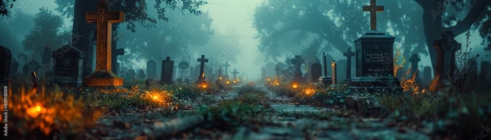 Nights embrace Graveyard illuminated by moonlight, tombstones glowing softly, creating an enchanted ambiance  8K , high-resolution, ultra HD,up32K HD