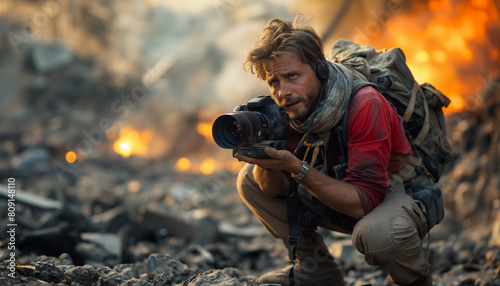 Photographer crouching in fiery ruins photo
