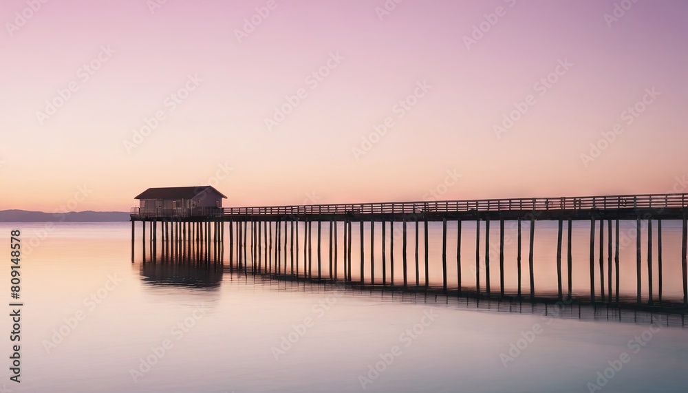 A lengthy wooden pier juts out into the calm water, reaching towards the horizon. A lengthy wooden pier juts out into the calm water, reaching towards the horizon.