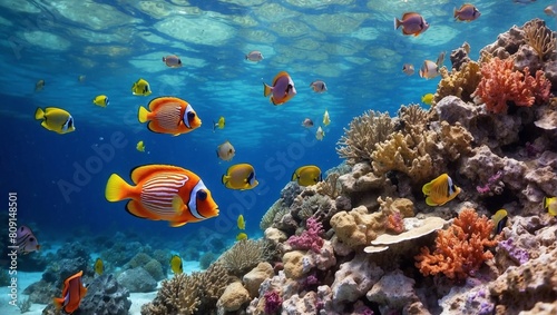 Tropical fish over coral reef. Colorful tropical fish swimming over coral reef with blue sea background