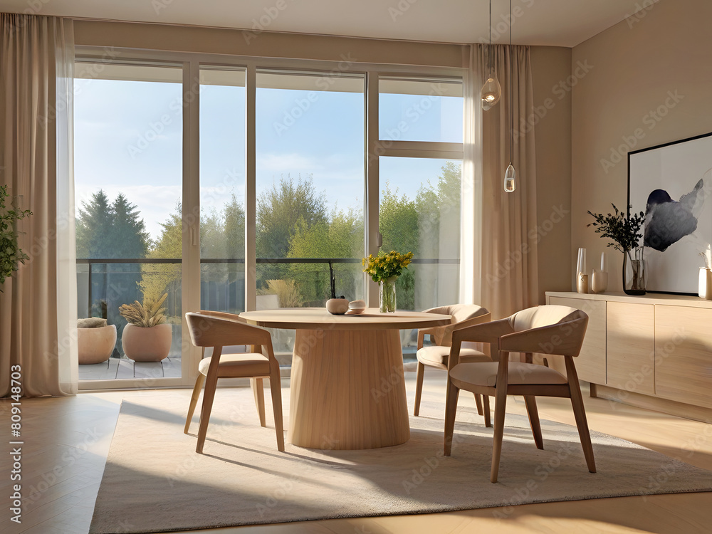 The interior of a beige-themed living room in a home, featuring a dining area, a cozy relaxation zone, and a window for natural light. The interior of a beige-themed living room in a home, featuring a dining area, a cozy relaxation zone, and a window for natural light.
