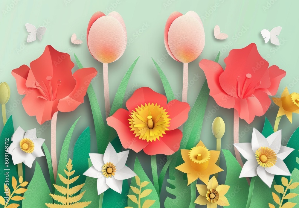 Mother's Day background with flowers in the paper cut style of tulips on a dark blue green colored background, a modern design illustration for a Mother day card or banner template. Mother's Day background with flowers in the paper cut style of tulips on a dark blue green colored background, a modern design illustration for a Mother day card or banner template.