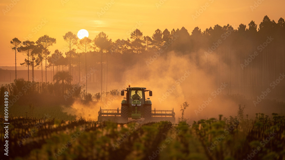 Fototapeta premium Modern tractor actively spraying crops on a vast farm with a dramatic sunset in the background 